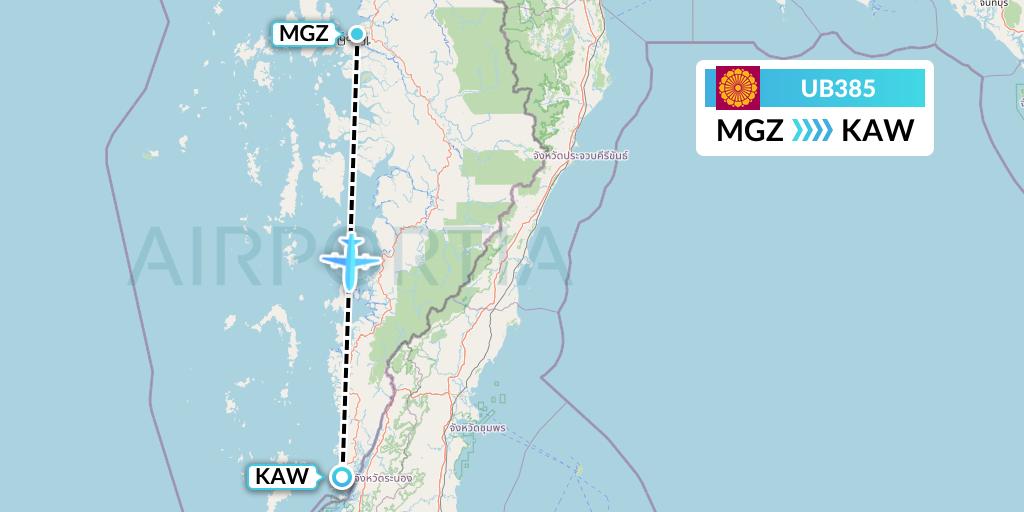 UB385 Myanmar National Airlines Flight Map: Myeik to Kawthaung