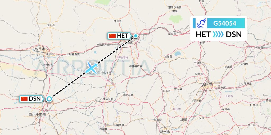 G54054 China Express Airlines Flight Map: Hohhot to Dongsheng