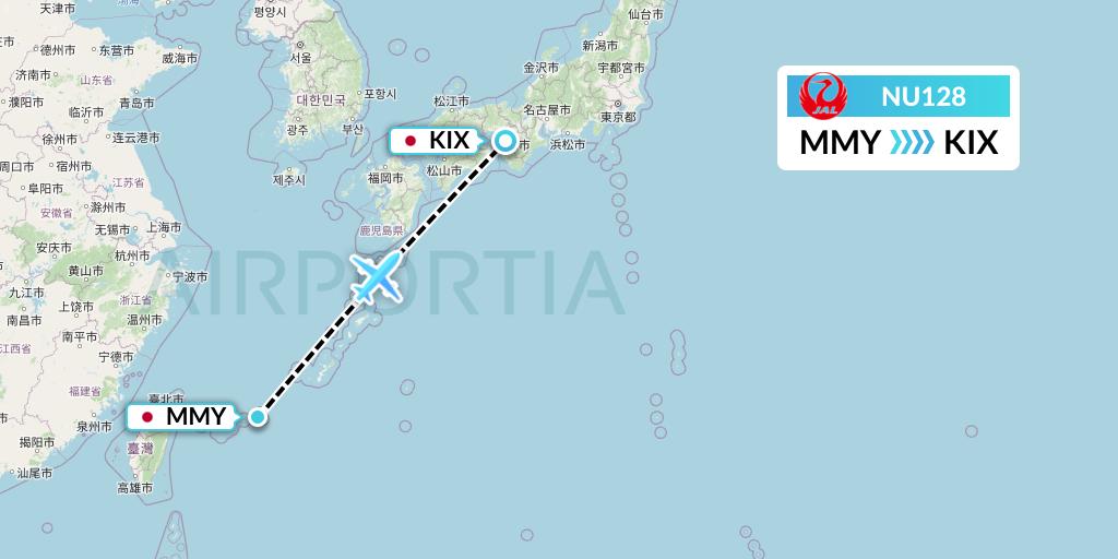 NU128 Japan Transocean Air Flight Map: Miyako to Osaka