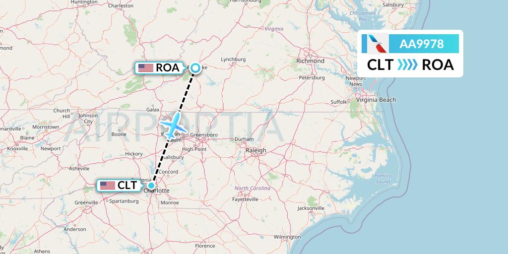 AA9978 American Airlines Flight Map: Charlotte to Roanoke