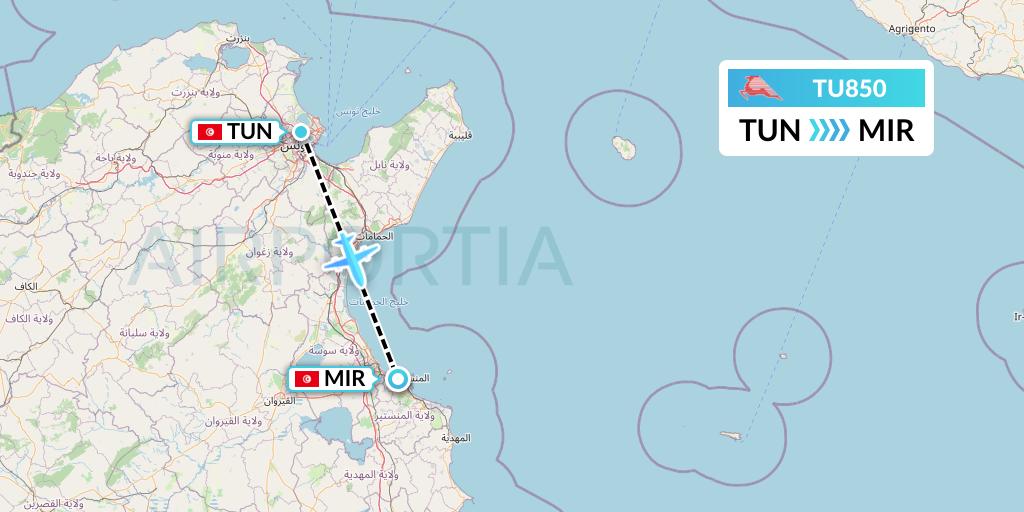 TU850 Tunisair Flight Map: Tunis to Monastir