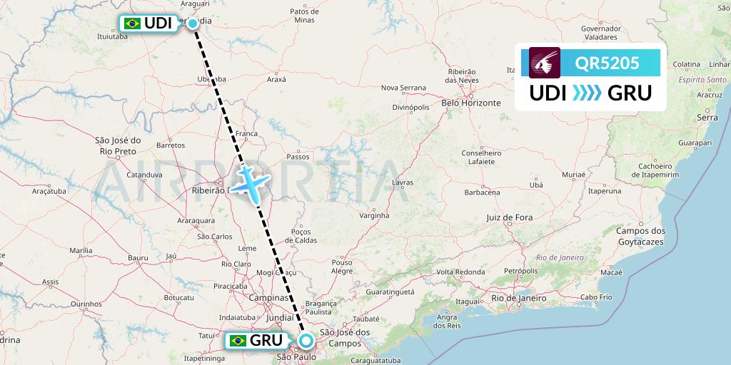 QR5205 Qatar Airways Flight Map: Uberlandia to Sao Paulo