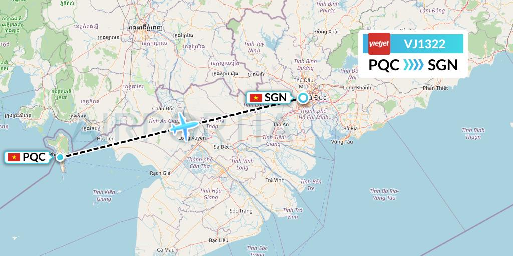VJ1322 VietJet Air Flight Map: Phu Quoc to Ho Chi Minh City