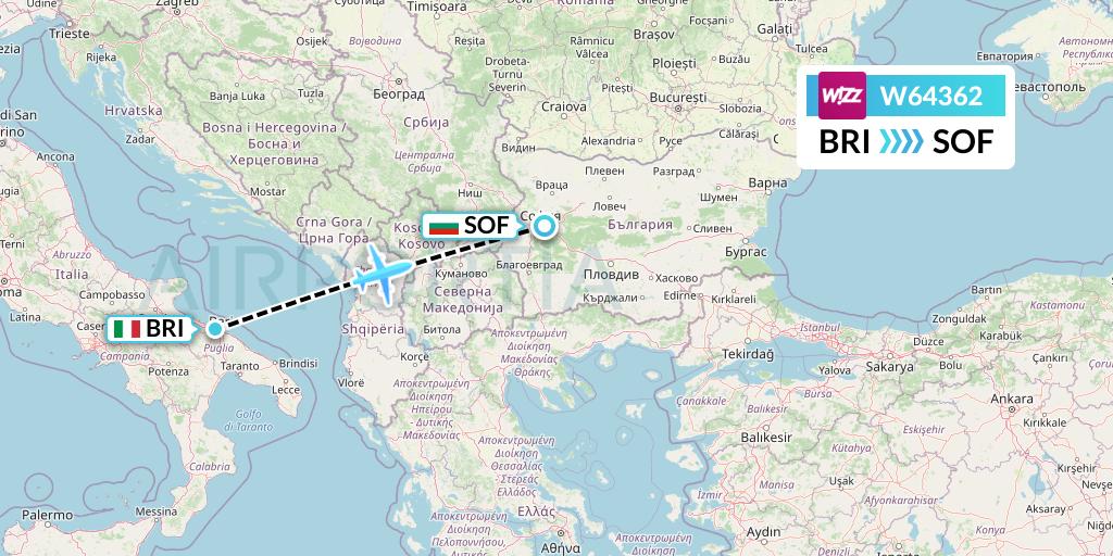 W64362 Wizz Air Flight Map: Bari to Sofia