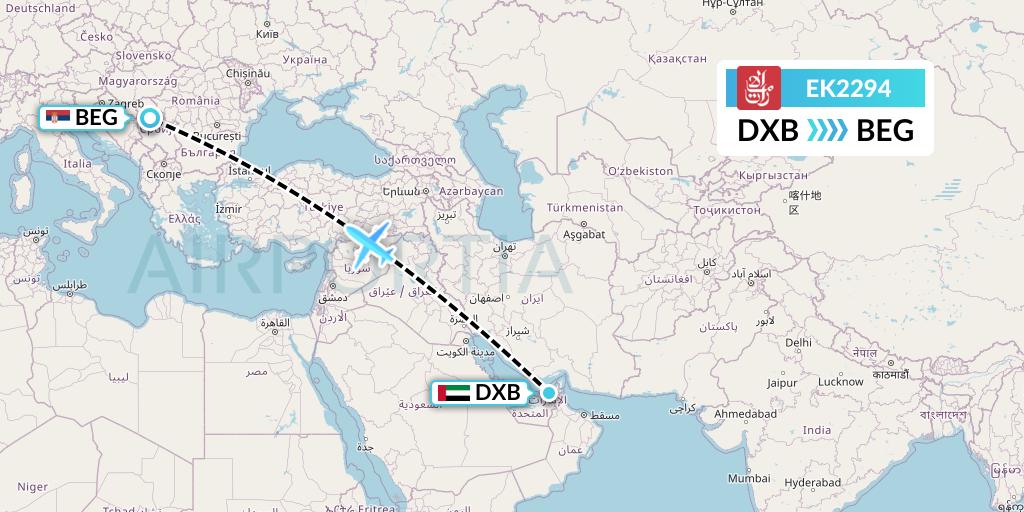 EK2294 Emirates Flight Map: Dubai to Belgrade