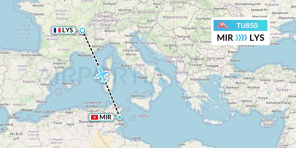 TU850 Tunisair Flight Map: Monastir to Lyon