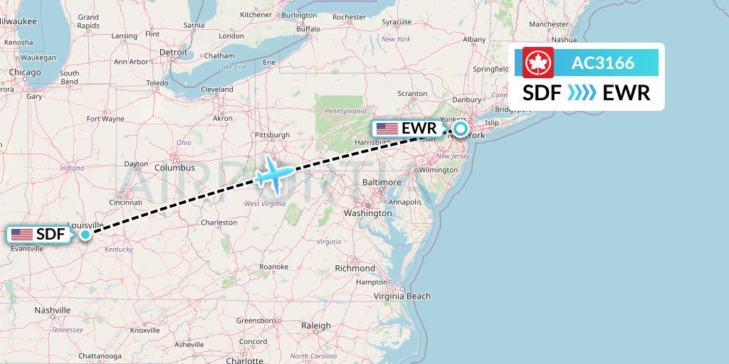 AC3166 Air Canada Flight Map: Louisville to New York
