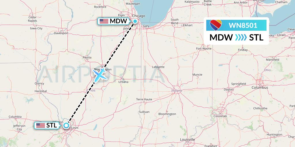 WN8501 Southwest Airlines Flight Map: Chicago to St. Louis