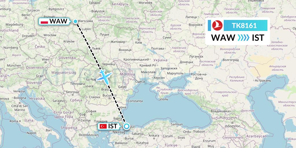 TK8161 Turkish Airlines Flight Map: Warsaw to Istanbul