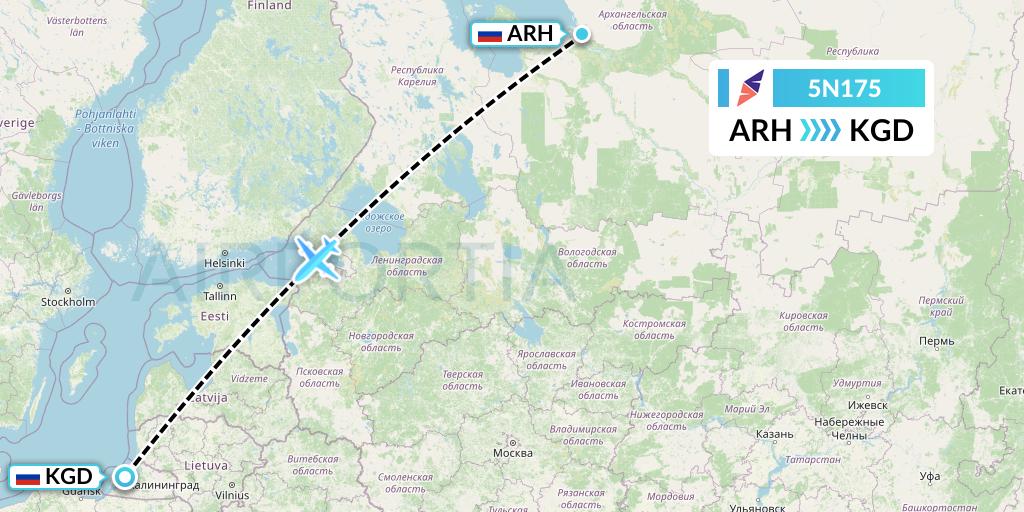5N175 Nordavia Flight Map: Arkhangelsk to Kaliningrad