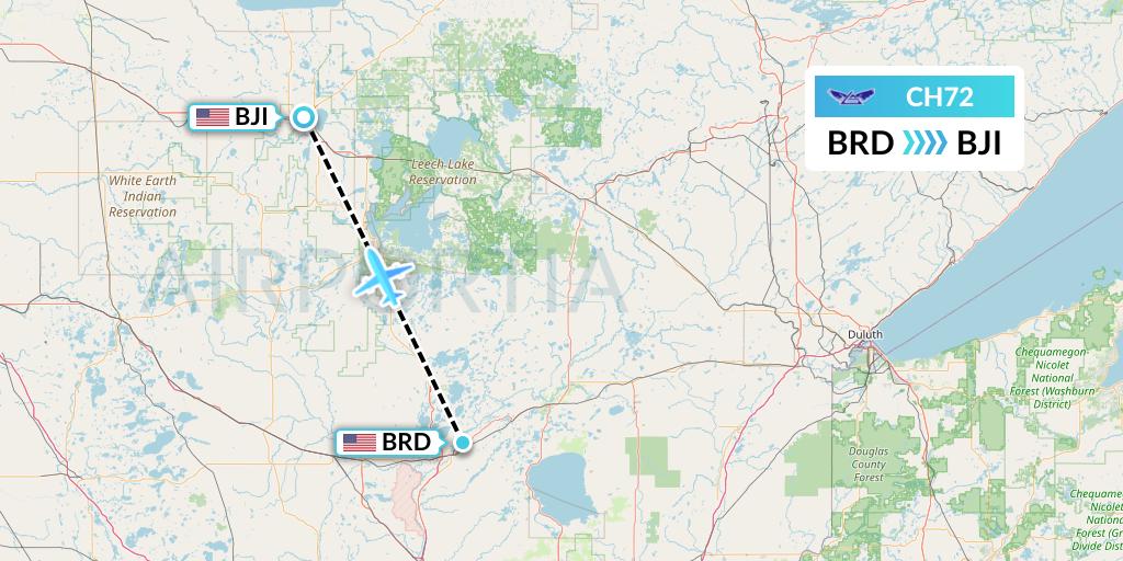 CH72 Bemidji Airlines Flight Map: Brainerd to Bemidji