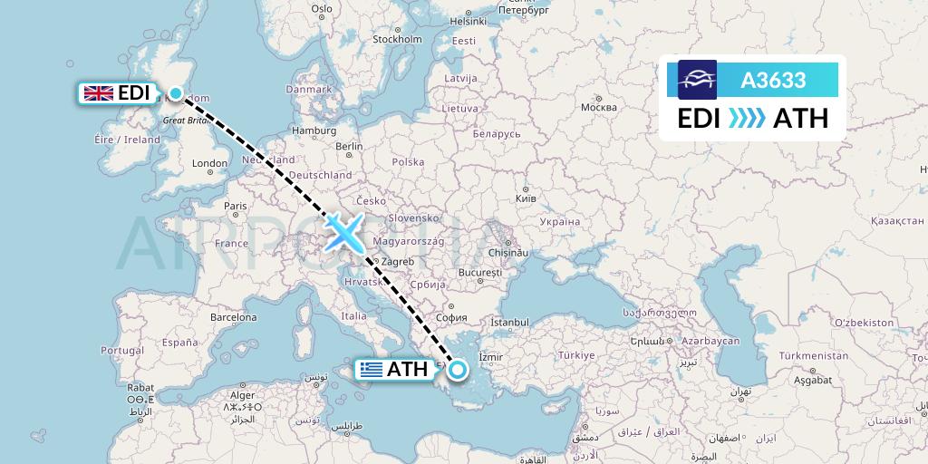 A3633 Aegean Airlines Flight Map: Edinburgh to Athens