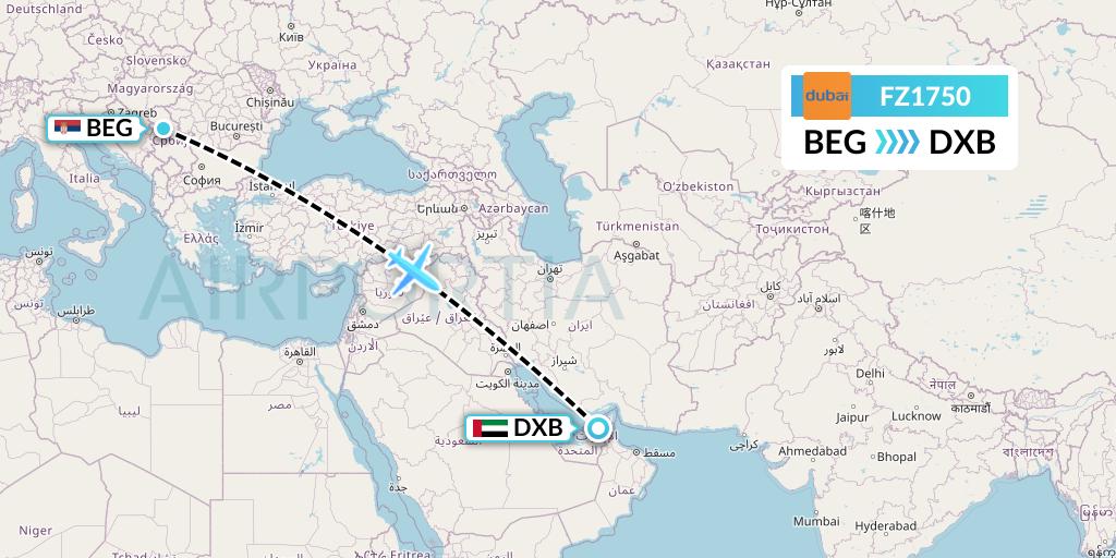 FZ1750 FlyDubai Flight Map: Belgrade to Dubai