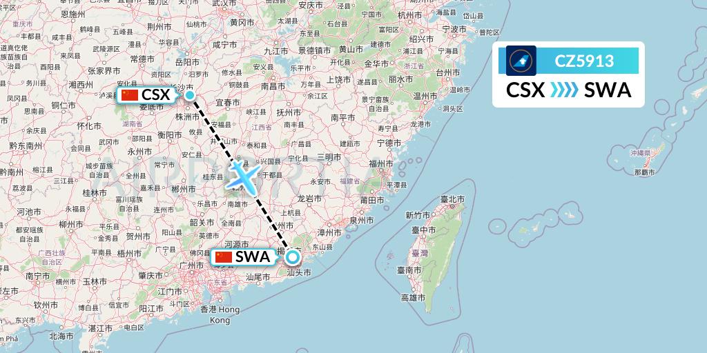 CZ5913 China Southern Airlines Flight Map: Changsha to Jieyang