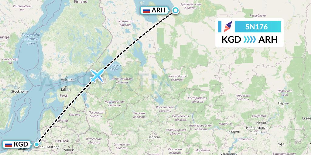 5N176 Nordavia Flight Map: Kaliningrad to Arkhangelsk