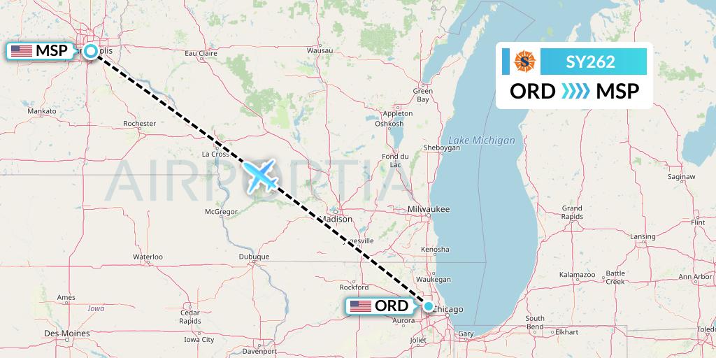 SY262 Sun Country Airlines Flight Map: Chicago to Minneapolis