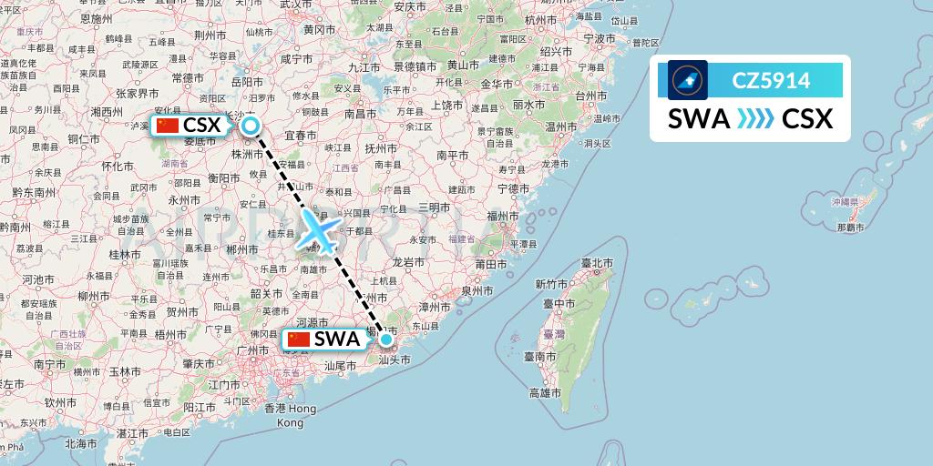 CZ5914 China Southern Airlines Flight Map: Jieyang to Changsha