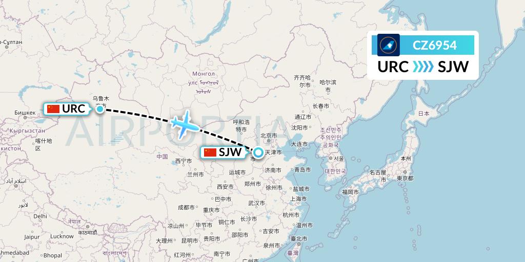 CZ6954 China Southern Airlines Flight Map: Urumqi to Shijiazhuang