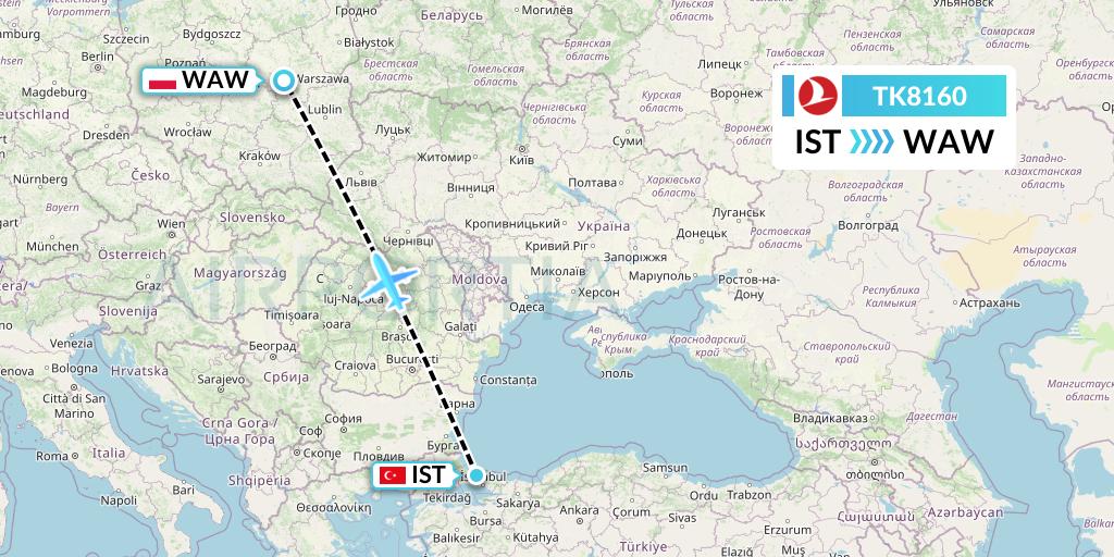 TK8160 Turkish Airlines Flight Map: Istanbul to Warsaw
