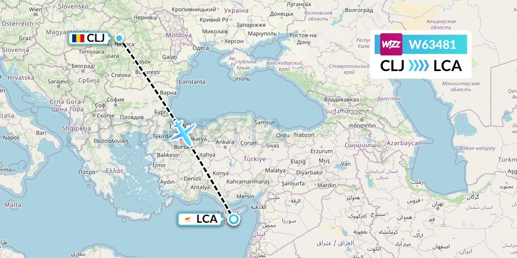 W63481 Wizz Air Flight Map: Cluj-Napoca to Larnaca