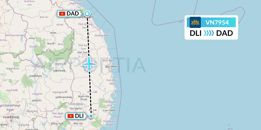 VN7954 Vietnam Airlines Flight Map: Da Lat to Da Nang