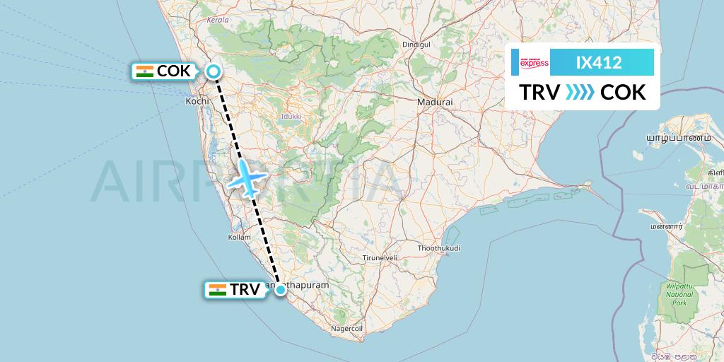 IX412 Air India Express Flight Map: Thiruvananthapuram to Cochin