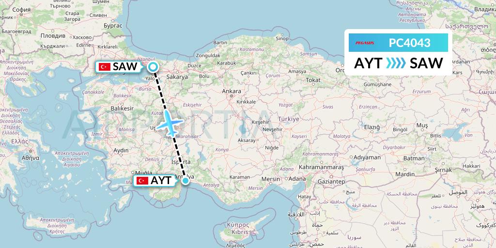 PC4043 Pegasus Airlines Flight Map: Antalya to Istanbul