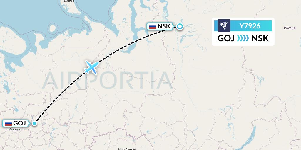 Y7926 NordStar Flight Map: Nizhny Novgorod to Norilsk