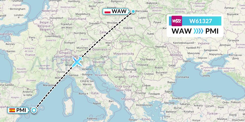W61327 Wizz Air Flight Map: Warsaw to Palma de Mallorca