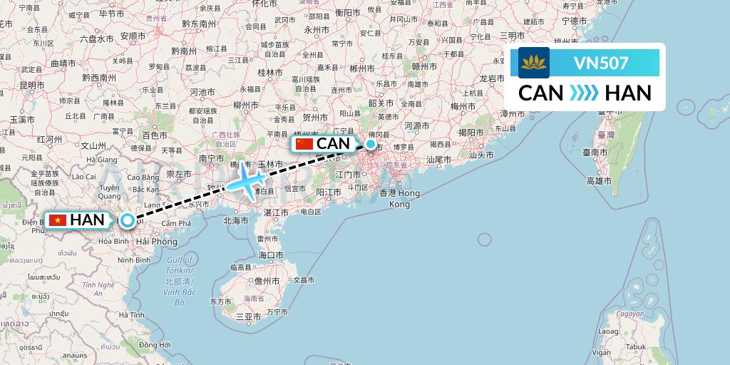 VN507 Vietnam Airlines Flight Map: Guangzhou to Hanoi