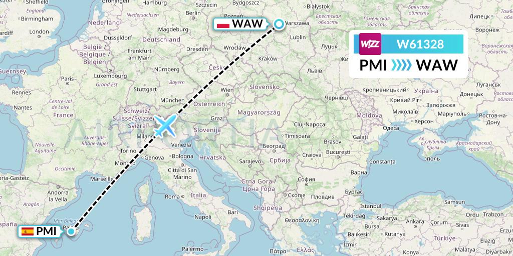 W61328 Wizz Air Flight Map: Palma de Mallorca to Warsaw