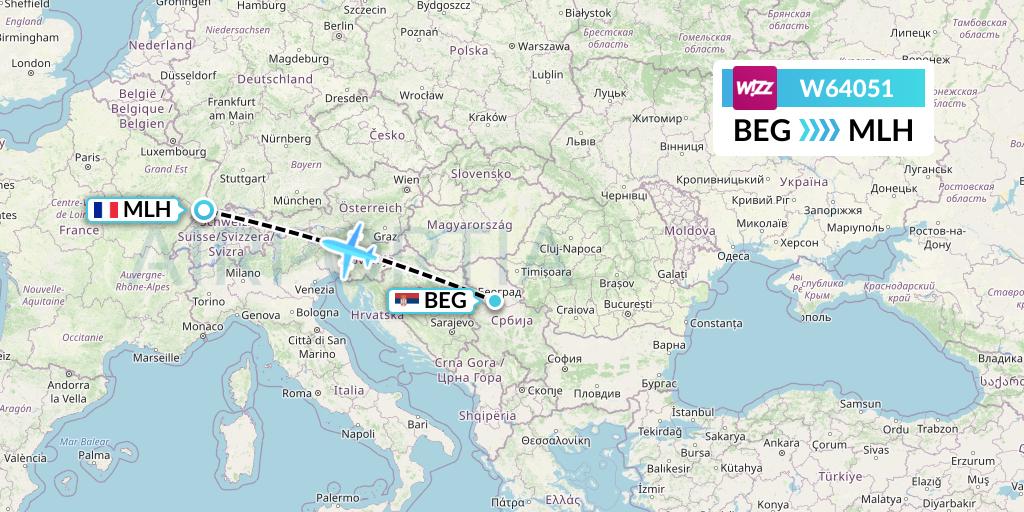W64051 Wizz Air Flight Map: Belgrade to Basel Mulhouse Freiburg
