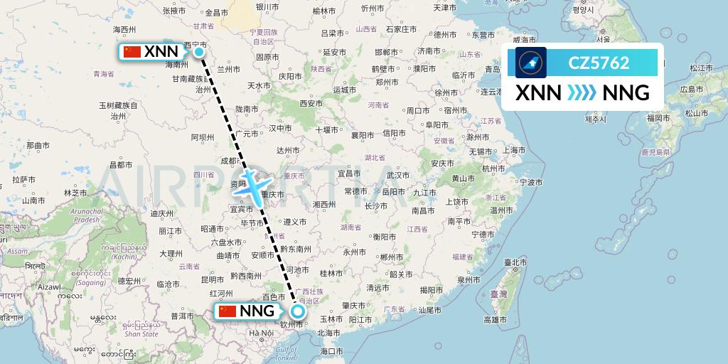 CZ5762 China Southern Airlines Flight Map: Xining to Nanning