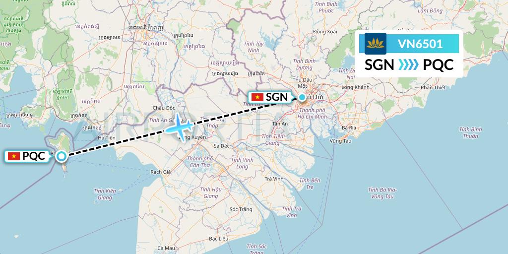 VN6501 Vietnam Airlines Flight Map: Ho Chi Minh City to Phu Quoc