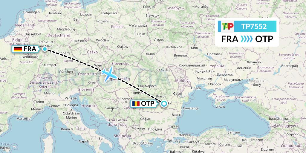 TP7552 TAP Portugal Flight Map: Frankfurt to Bucharest