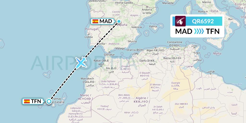 QR6592 Qatar Airways Flight Map: Madrid to Tenerife