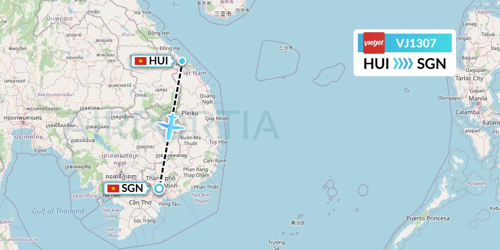 VJ1307 VietJet Air Flight Map: Hue to Ho Chi Minh City