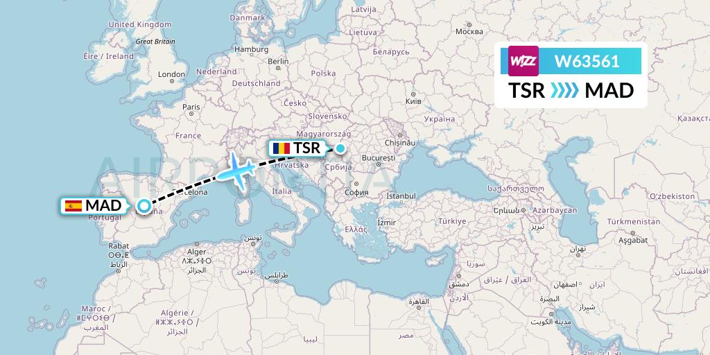 W63561 Wizz Air Flight Map: Timisoara to Madrid
