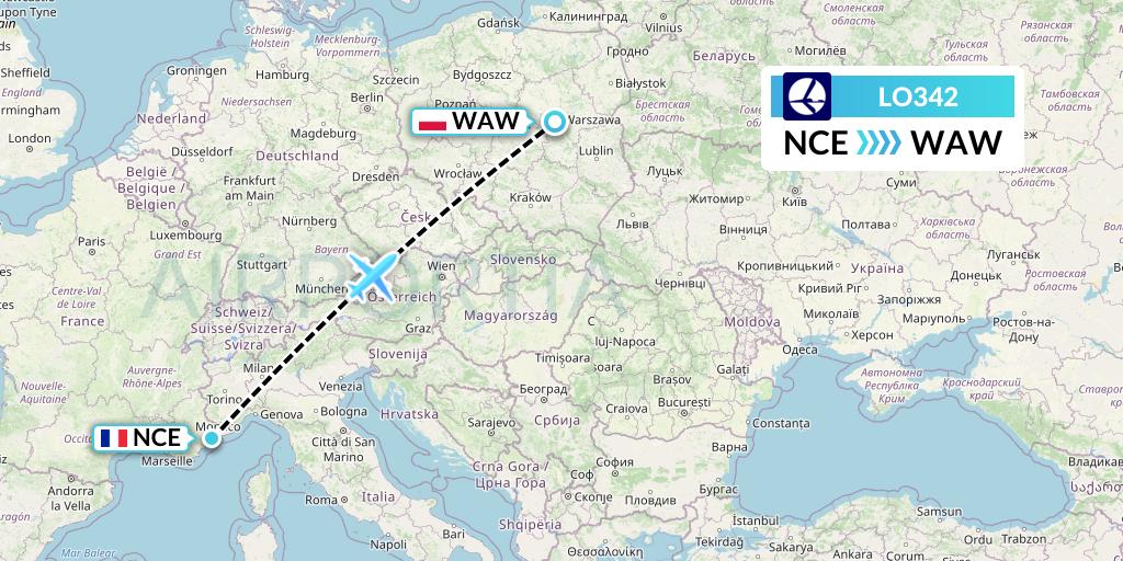 LO342 LOT Flight Map: Nice to Warsaw