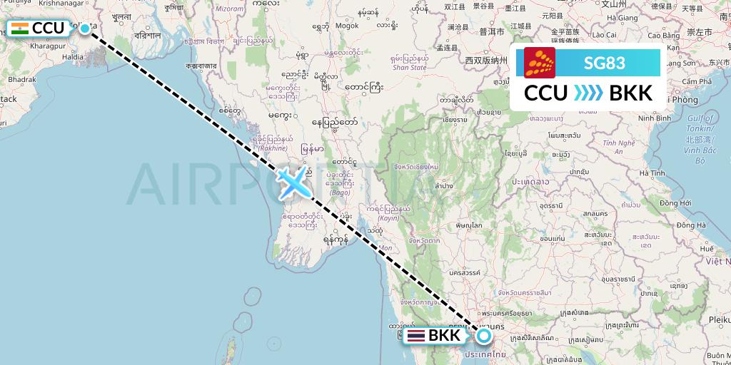 SG83 SpiceJet Flight Map: Kolkata to Bangkok