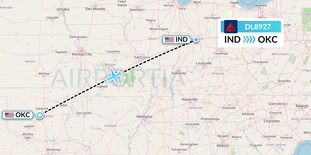 DL8927 Delta Air Lines Flight Map: Indianapolis to Oklahoma City
