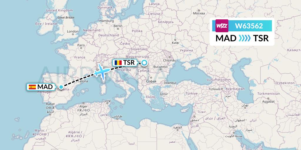 W63562 Wizz Air Flight Map: Madrid to Timisoara
