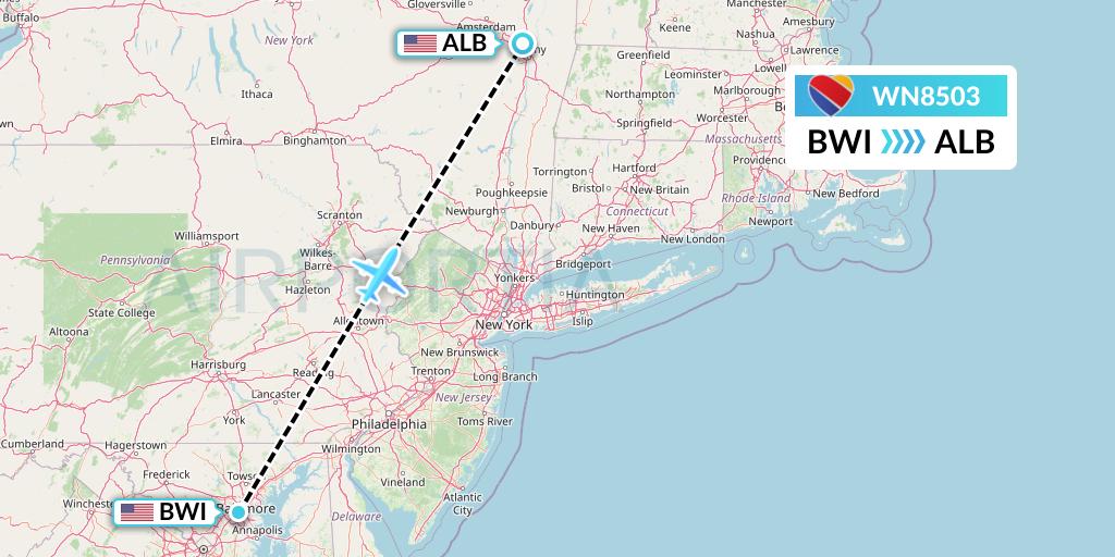 WN8503 Southwest Airlines Flight Map: Baltimore to Albany