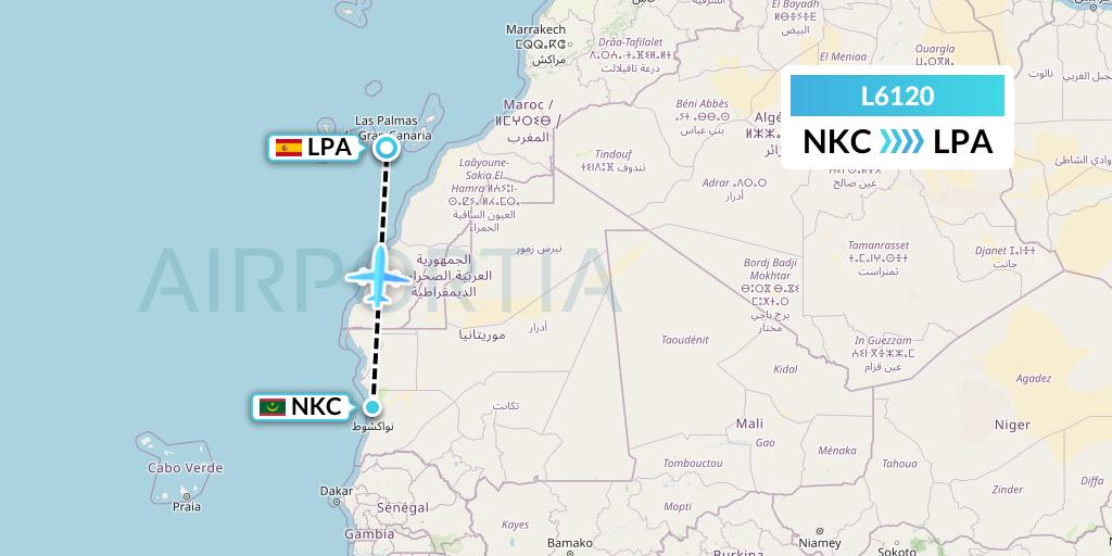 L6120 Mauritania Airlines International Flight Map: Nouakchott to Las Palmas