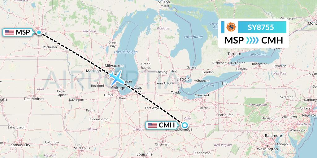 SY8755 Sun Country Airlines Flight Map: Minneapolis to Columbus