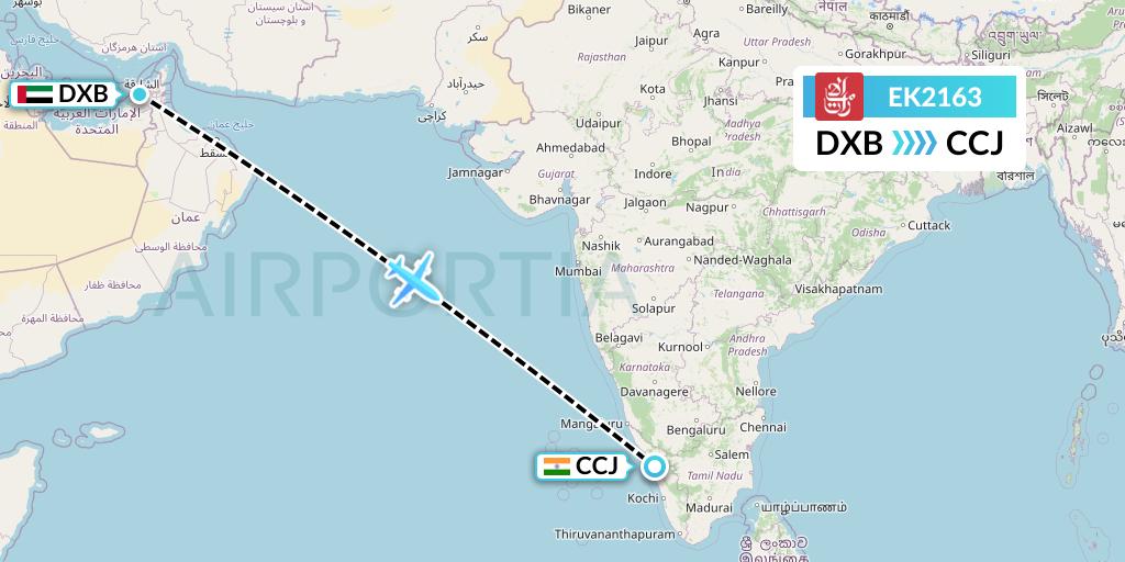 EK2163 Emirates Flight Map: Dubai to Kozhikode