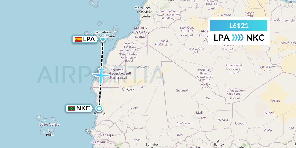 L6121 Mauritania Airlines International Flight Map: Las Palmas to Nouakchott
