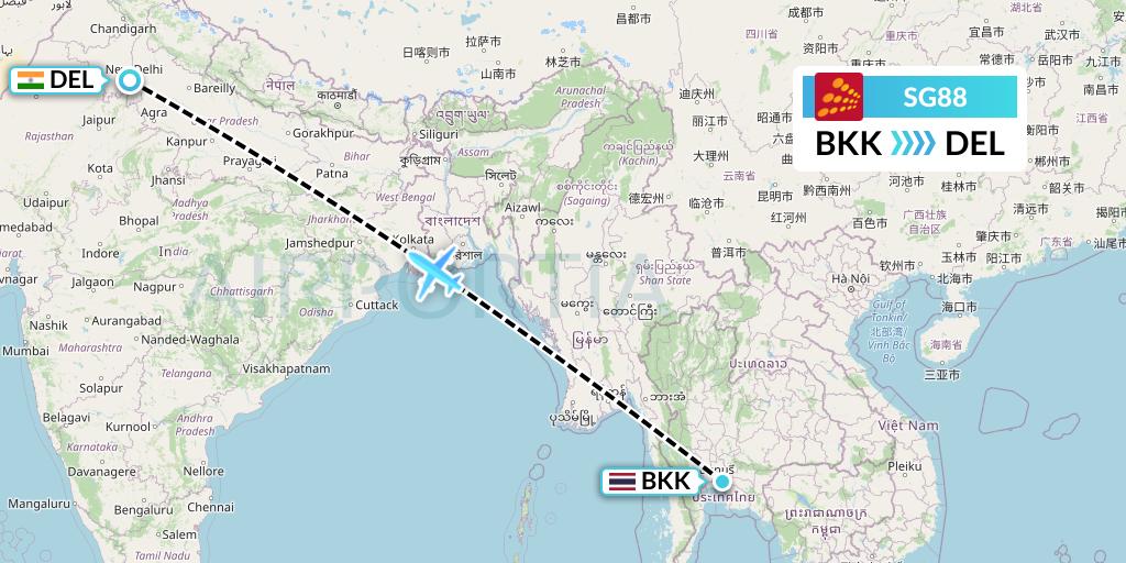 SG88 SpiceJet Flight Map: Bangkok to Delhi