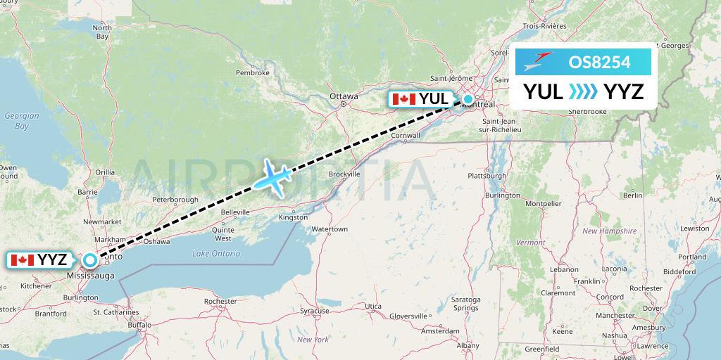 OS8254 Austrian Airlines Flight Map: Montreal to Toronto