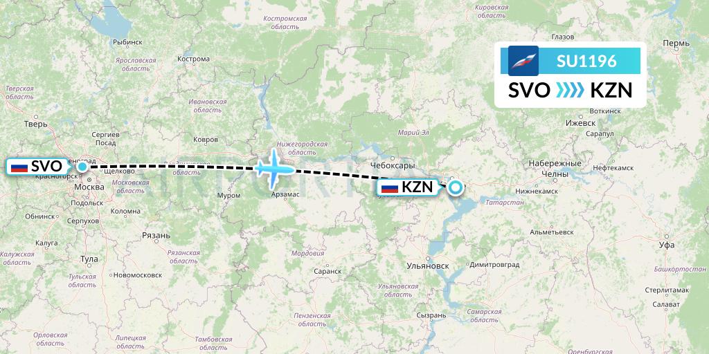 SU1196 Aeroflot Flight Map: Moscow to Kazan